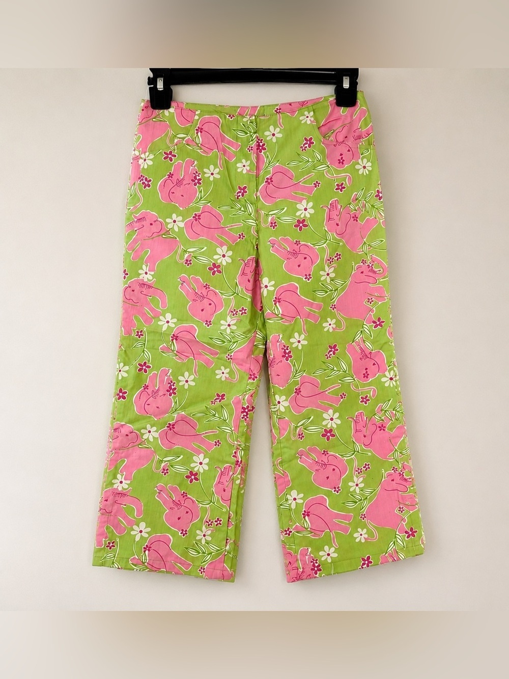 Lilly Pulitzer Girls Pink Elephant Capri Pants Sz 10 Green Cotton Stretch Preppy - Picture 1 of 5